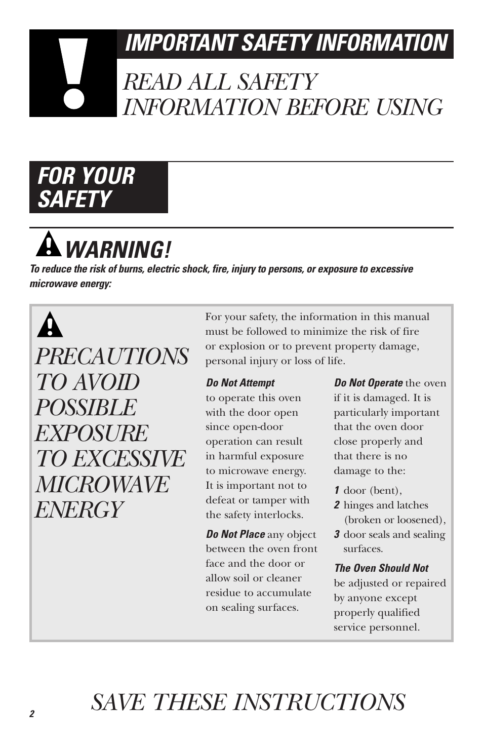 Precautions to avoid possible exposure, To excessive microwave energy, Read all safety information before using | Save these instructions, Important safety information, For your safety, Warning | Hotpoint RVM1535 User Manual | Page 2 / 40