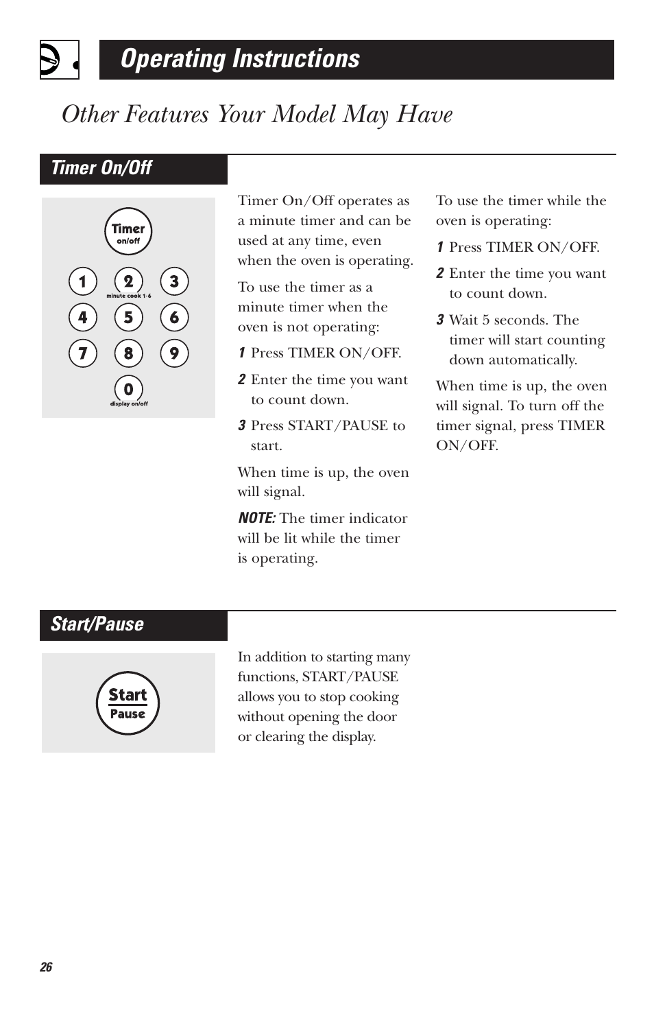 Operating instructions, Other features your model may have, Start/pause | Timer on/off | Hotpoint RVM1535 User Manual | Page 26 / 40