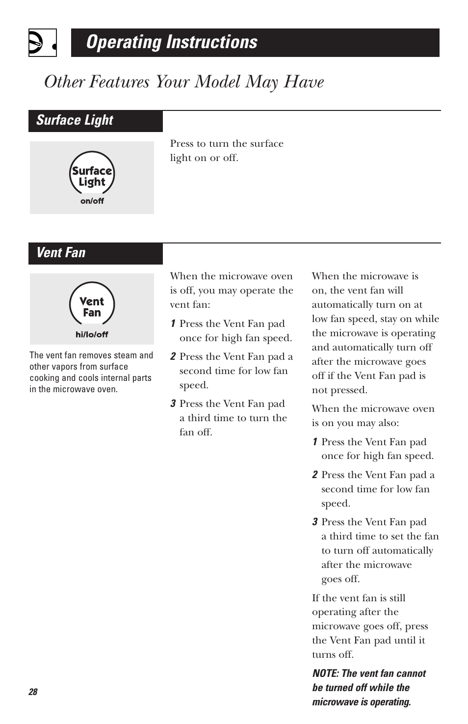 Operating instructions, Other features your model may have, Vent fan | Surface light | Hotpoint RVM1535 User Manual | Page 28 / 40
