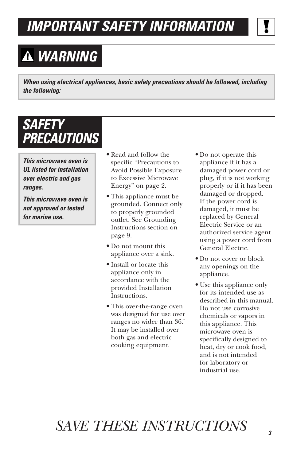 Save these instructions, Warning, Safety precautions important safety information | Hotpoint RVM1535 User Manual | Page 3 / 40