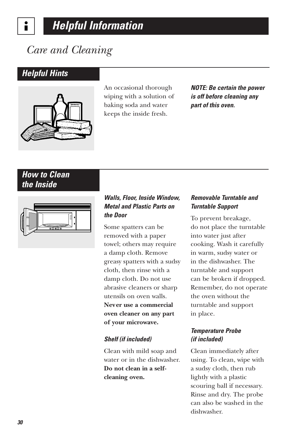 Care and cleaning, Helpful information, Helpful hints | How to clean the inside, Shelf (if included), Removable turntable and turntable support, Temperature probe (if included) | Hotpoint RVM1535 User Manual | Page 30 / 40