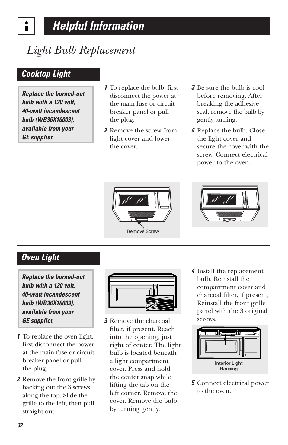 Helpful information, Light bulb replacement, Cooktop light | Oven light | Hotpoint RVM1535 User Manual | Page 32 / 40