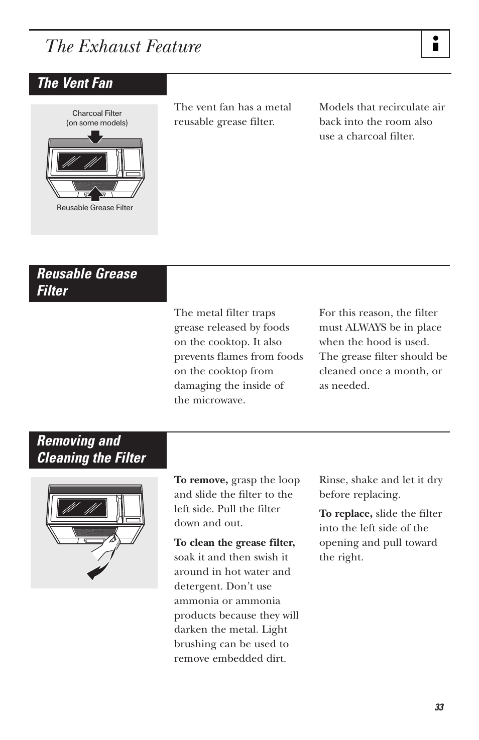 The exhaust feature, The vent fan, Reusable grease filter | Removing and cleaning the filter | Hotpoint RVM1535 User Manual | Page 33 / 40