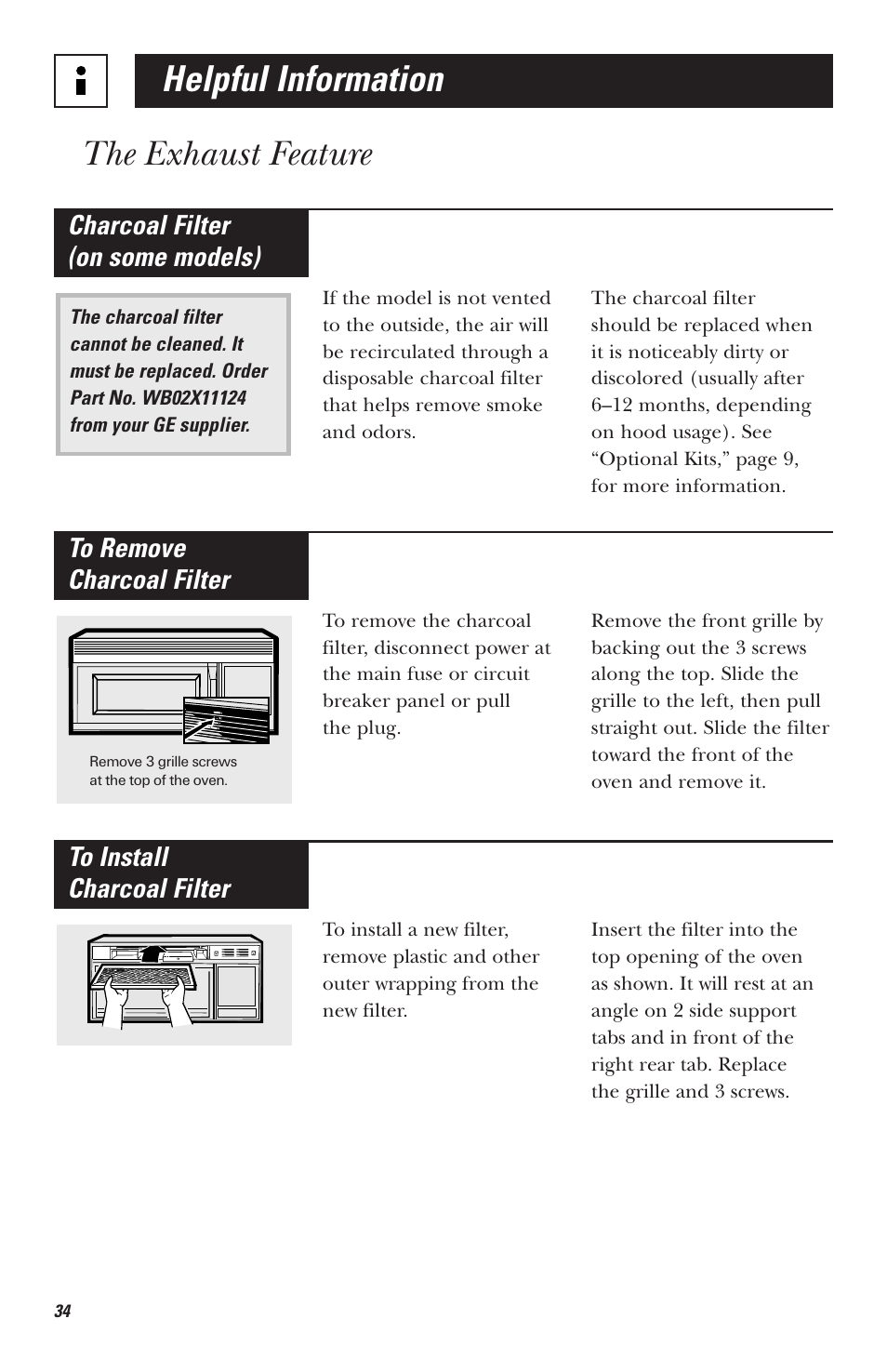 Helpful information, The exhaust feature, Charcoal filter (on some models) | Hotpoint RVM1535 User Manual | Page 34 / 40