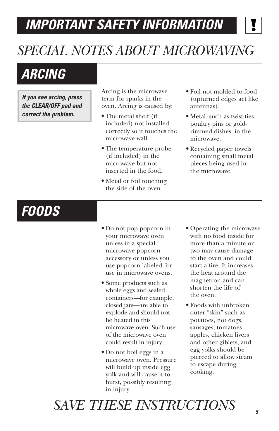 Special notes about microwaving, Save these instructions, Arcing | Foods, Important safety information | Hotpoint RVM1535 User Manual | Page 5 / 40