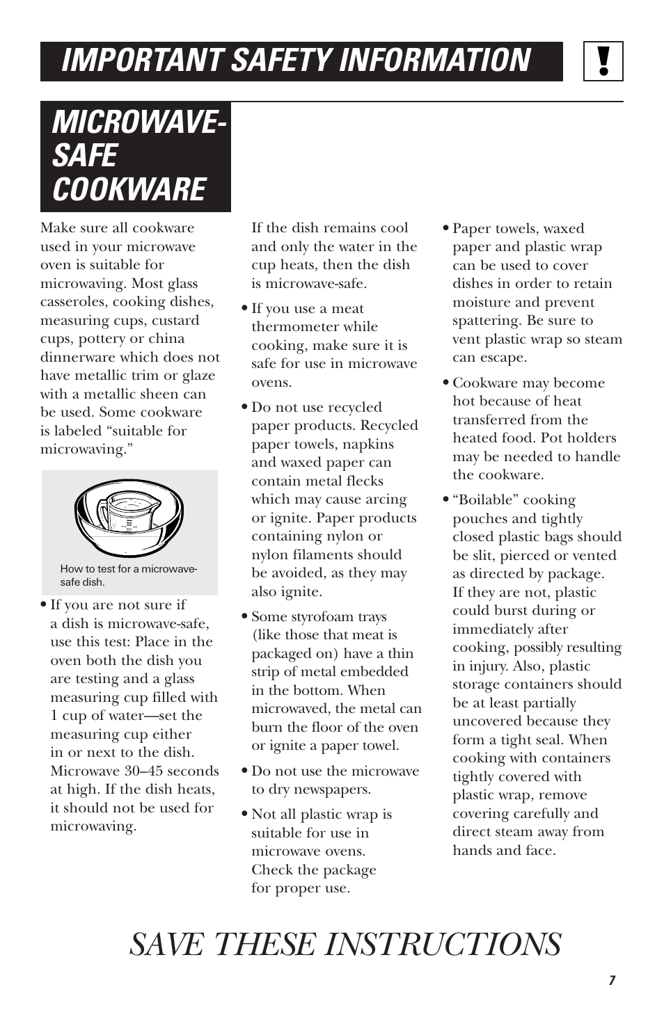 Save these instructions, Microwave- safe cookware, Important safety information | Hotpoint RVM1535 User Manual | Page 7 / 40