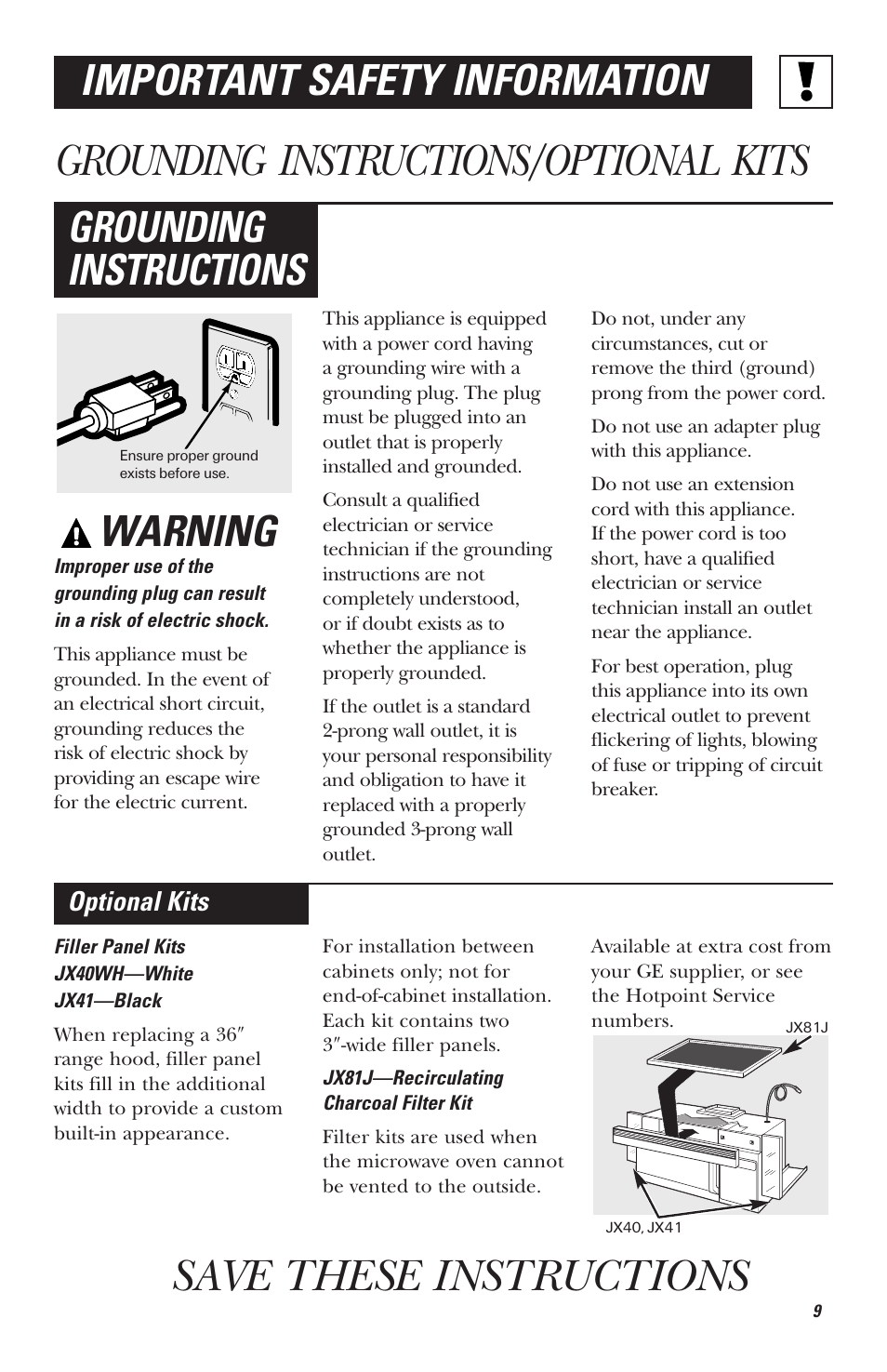 Grounding instructions/optional kits, Save these instructions, Warning | Grounding instructions, Important safety information, Optional kits | Hotpoint RVM1535 User Manual | Page 9 / 40