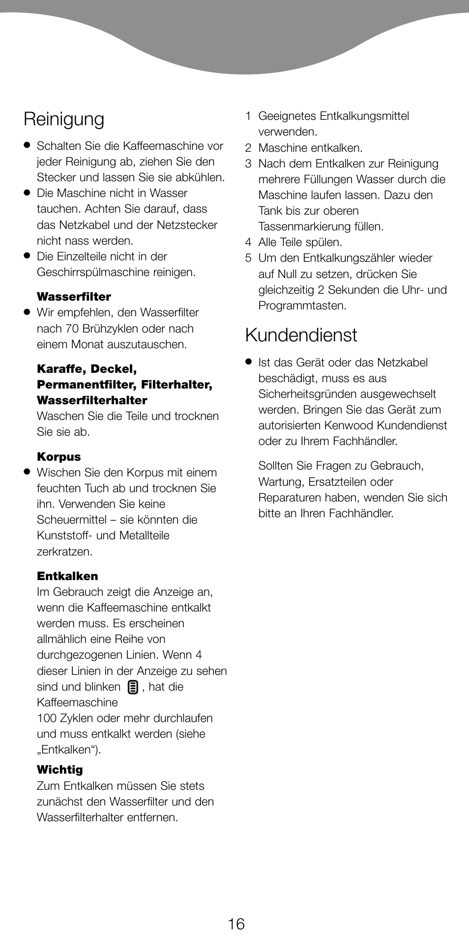Reinigung, Kundendienst | Kenwood CM470 series User Manual | Page 19 / 74
