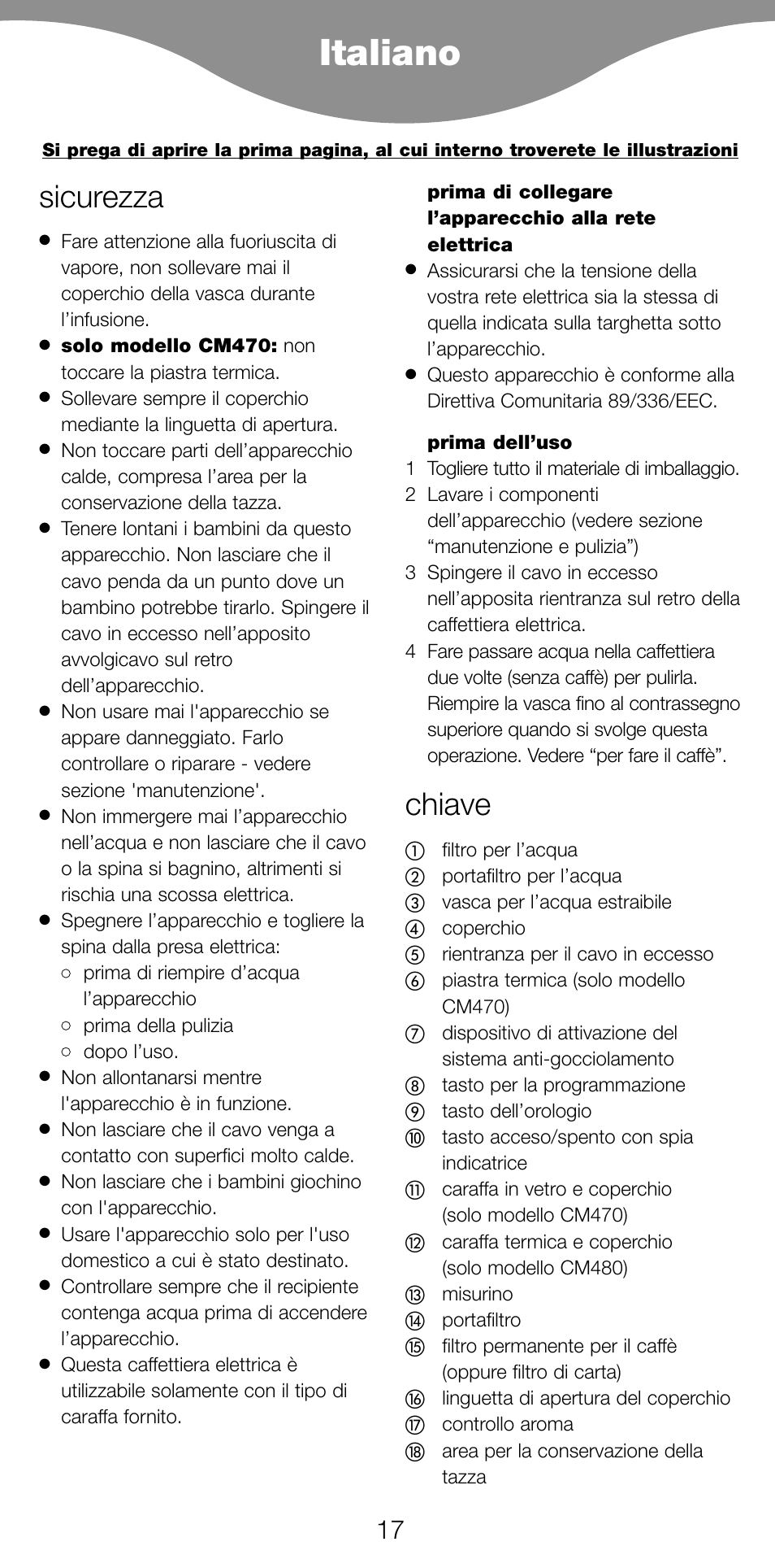 Italiano, Sicurezza, Chiave | Kenwood CM470 series User Manual | Page 20 / 74