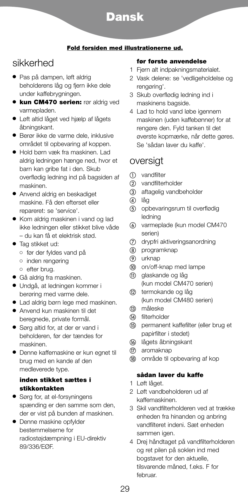 Dansk, Sikkerhed, Oversigt | Kenwood CM470 series User Manual | Page 32 / 74