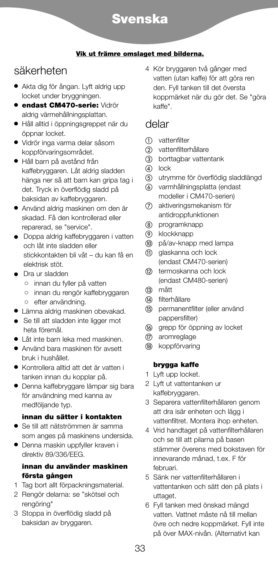 Svenska, Säkerheten, Delar | Kenwood CM470 series User Manual | Page 36 / 74