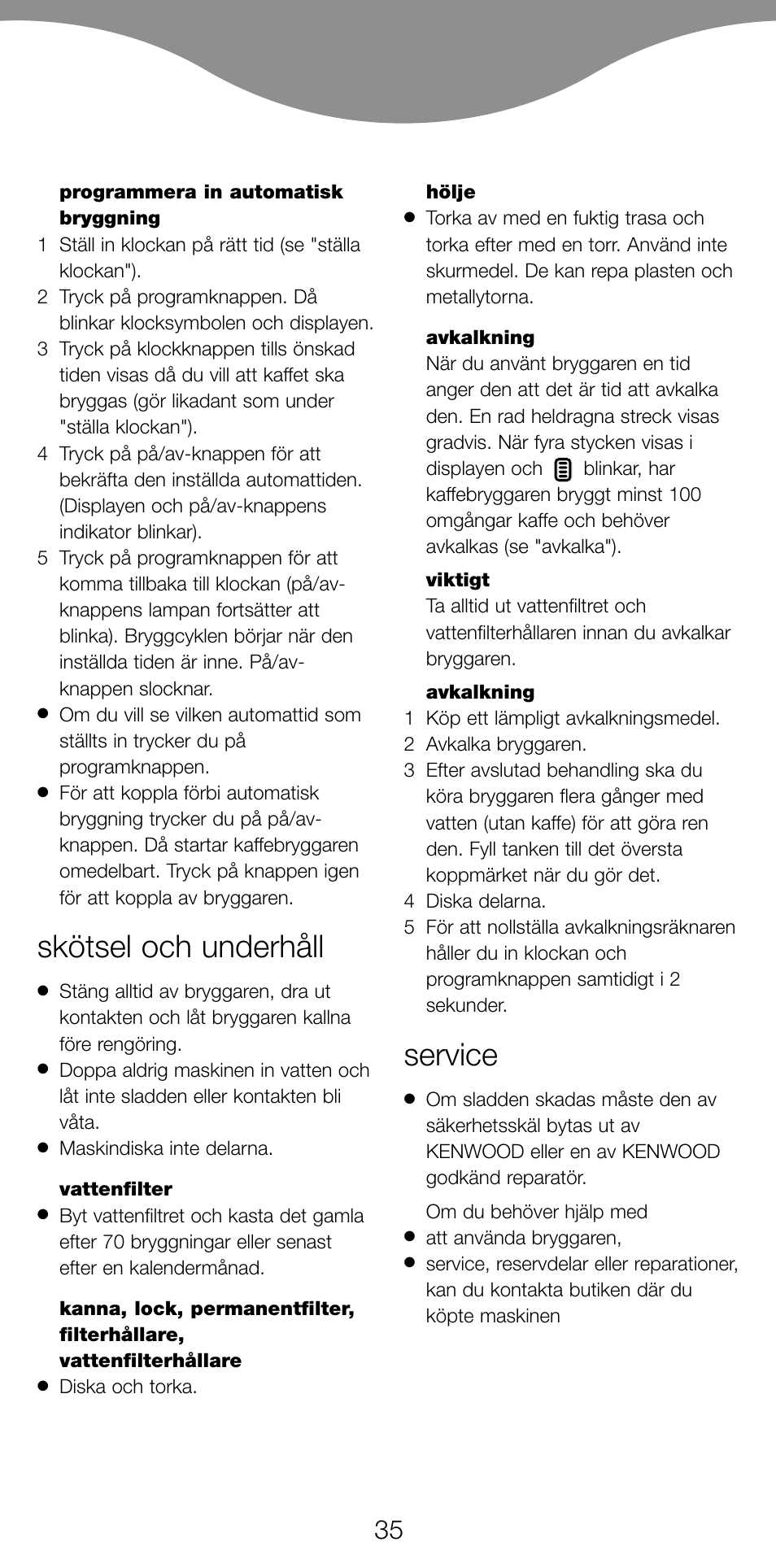 Skötsel och underhåll, Service | Kenwood CM470 series User Manual | Page 38 / 74