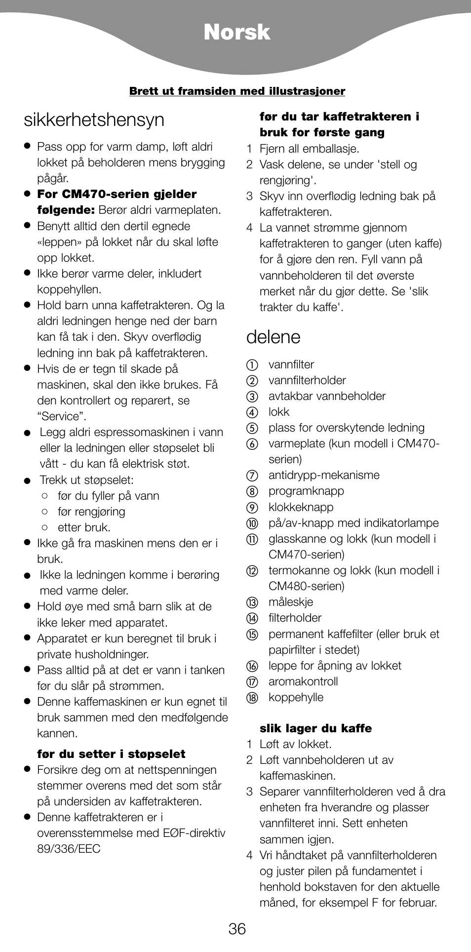 Norsk, Sikkerhetshensyn, Delene | Kenwood CM470 series User Manual | Page 39 / 74