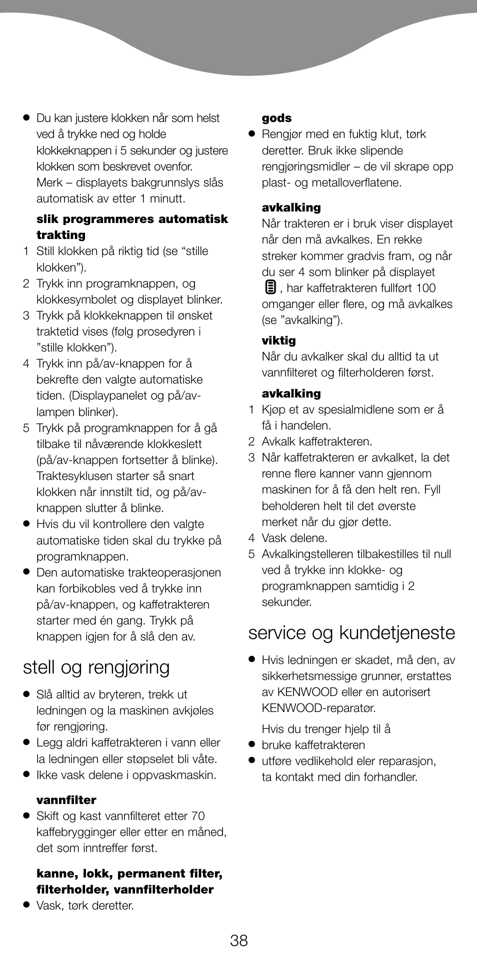 Stell og rengjøring, Service og kundetjeneste | Kenwood CM470 series User Manual | Page 41 / 74