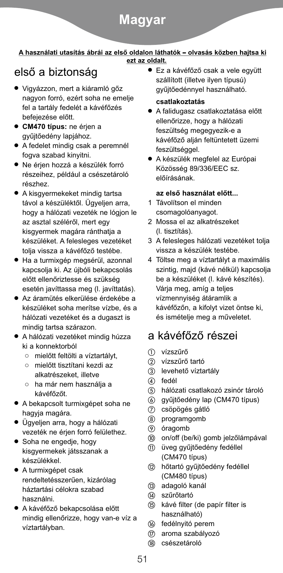 Magyar, Elsò a biztonság, A kávéfòzò részei | Kenwood CM470 series User Manual | Page 54 / 74