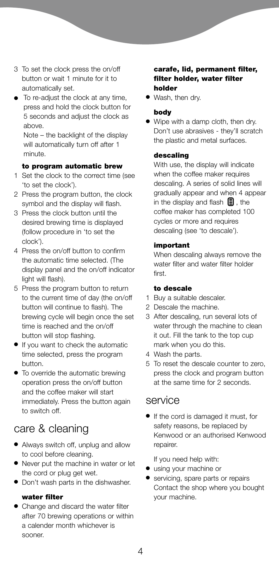 Care & cleaning, Service | Kenwood CM470 series User Manual | Page 7 / 74