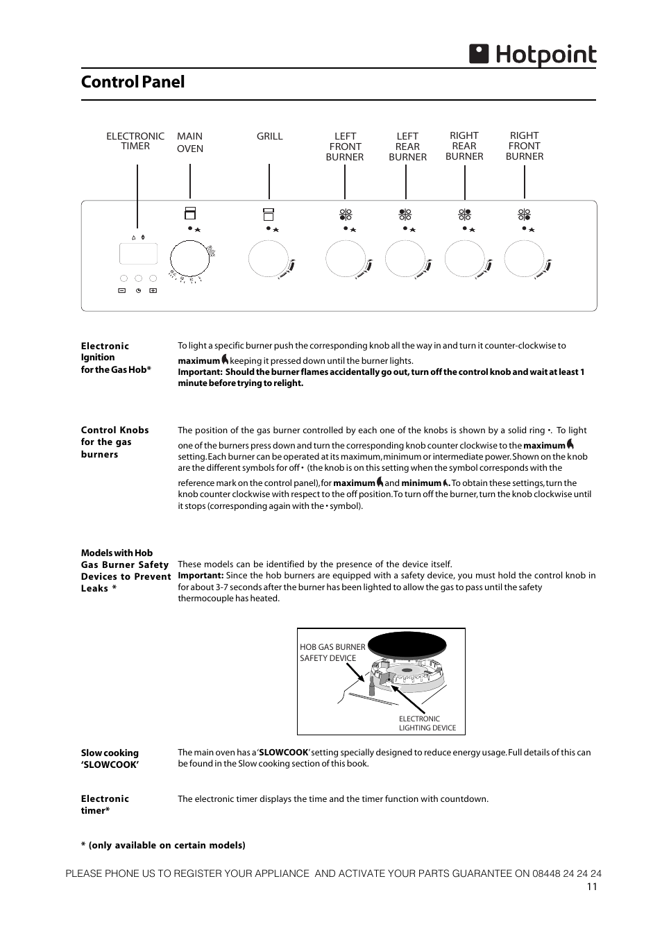 Control panel | Hotpoint 50cm Free Standing Gas Cooker CH50GCIK User Manual | Page 11 / 24