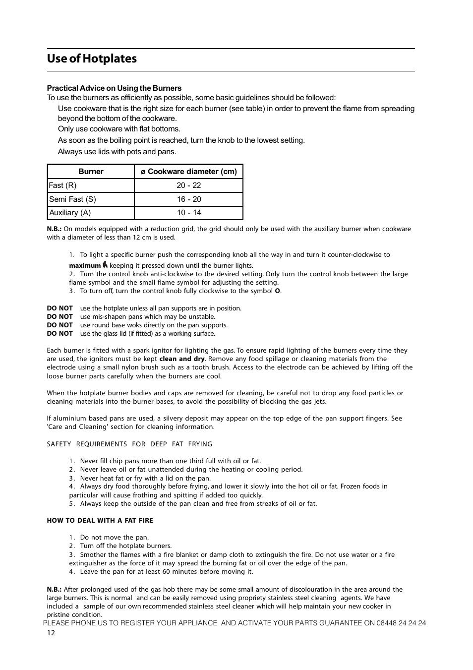Use of hotplates | Hotpoint 50cm Free Standing Gas Cooker CH50GCIK User Manual | Page 12 / 24