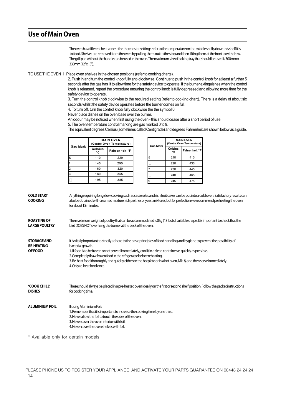 Use of main oven, Available only for certain models | Hotpoint 50cm Free Standing Gas Cooker CH50GCIK User Manual | Page 14 / 24