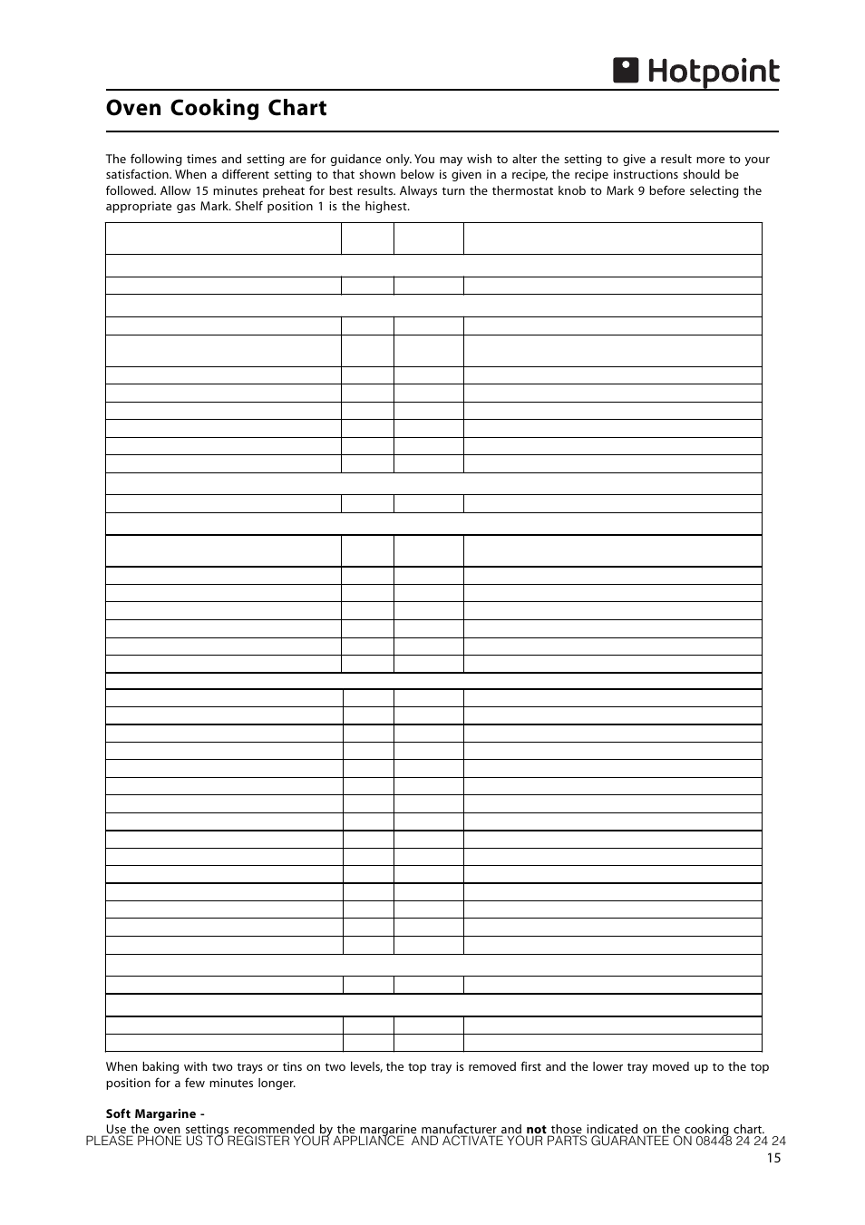 Oven cooking chart | Hotpoint 50cm Free Standing Gas Cooker CH50GCIK User Manual | Page 15 / 24