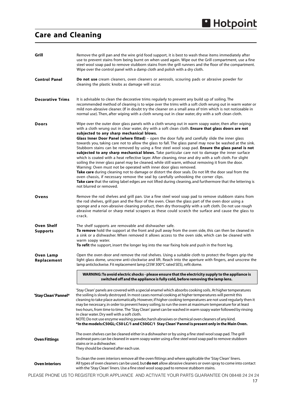 Care and cleaning | Hotpoint 50cm Free Standing Gas Cooker CH50GCIK User Manual | Page 17 / 24