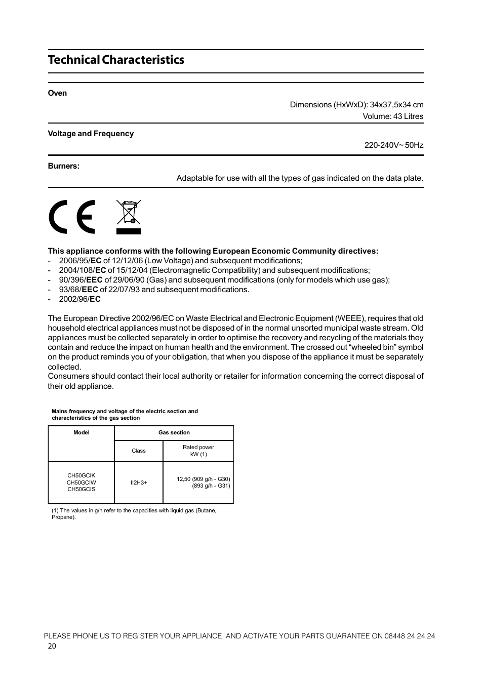 Technical characteristics | Hotpoint 50cm Free Standing Gas Cooker CH50GCIK User Manual | Page 20 / 24