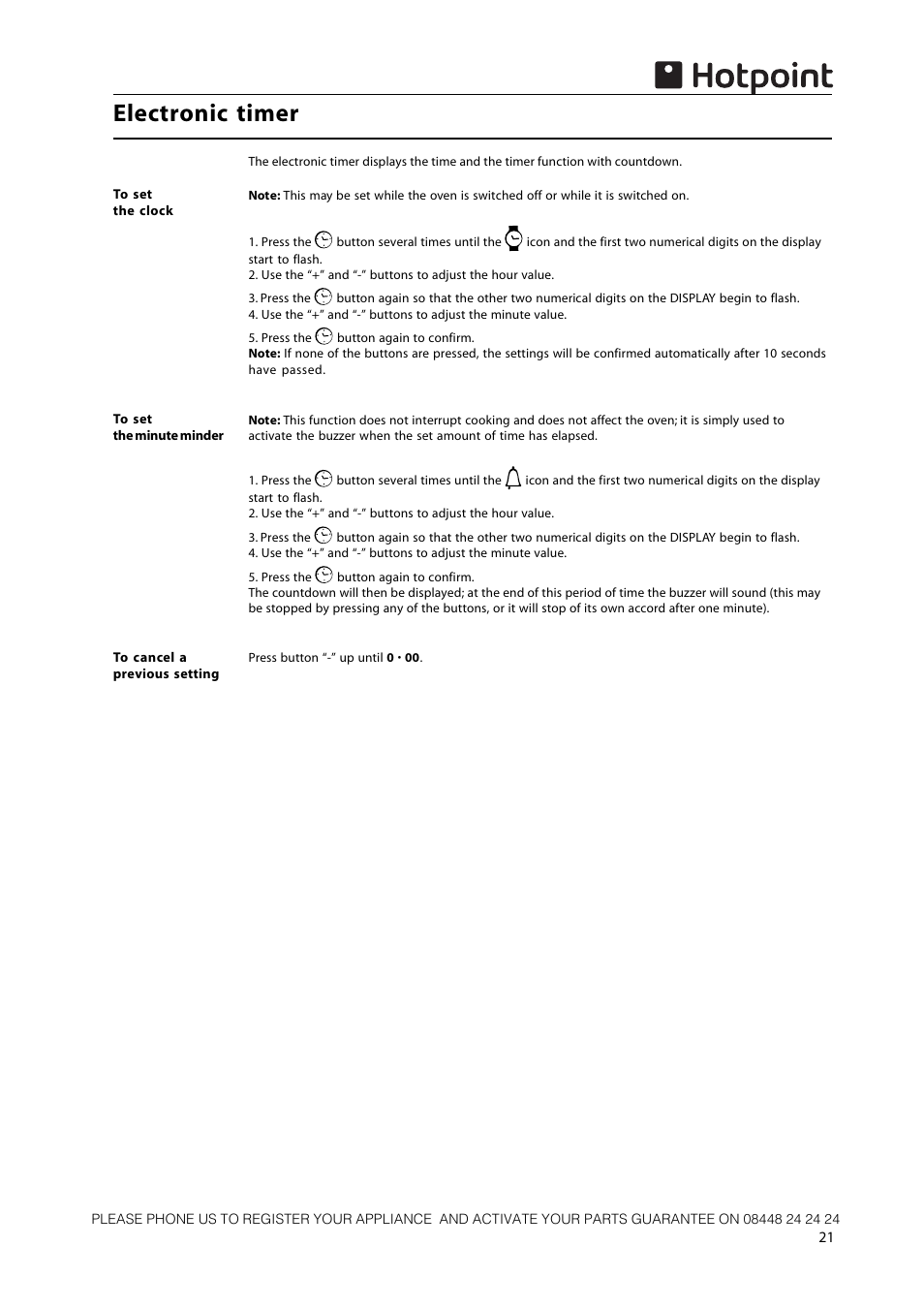 Electronic timer | Hotpoint 50cm Free Standing Gas Cooker CH50GCIK User Manual | Page 21 / 24