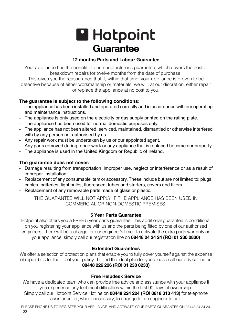 Guarantee | Hotpoint 50cm Free Standing Gas Cooker CH50GCIK User Manual | Page 22 / 24