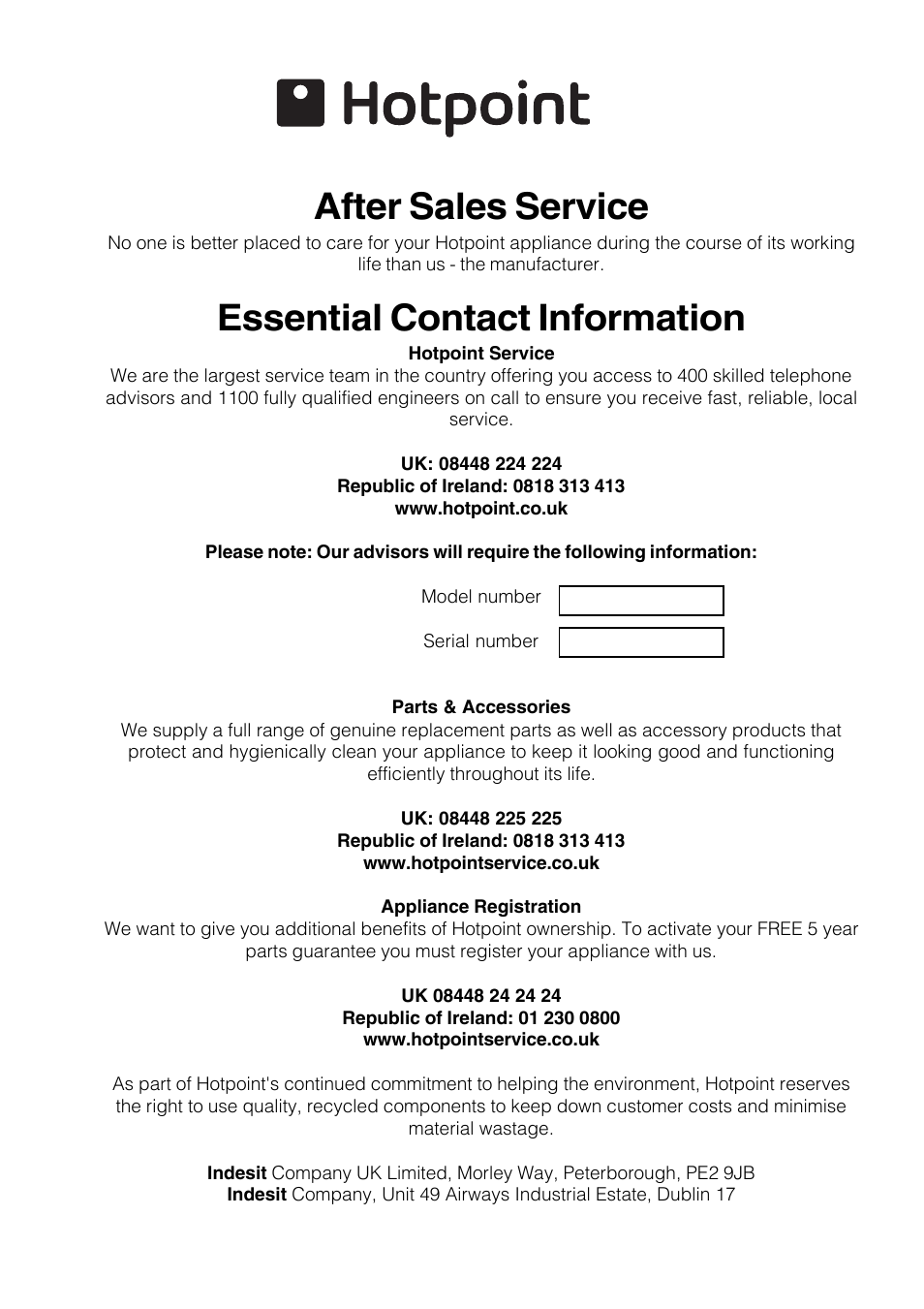 After sales service, Essential contact information | Hotpoint 50cm Free Standing Gas Cooker CH50GCIK User Manual | Page 23 / 24