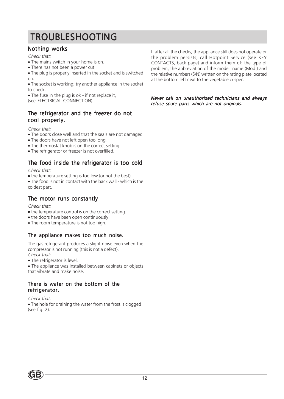 Troubleshooting | Hotpoint HM450 User Manual | Page 12 / 16