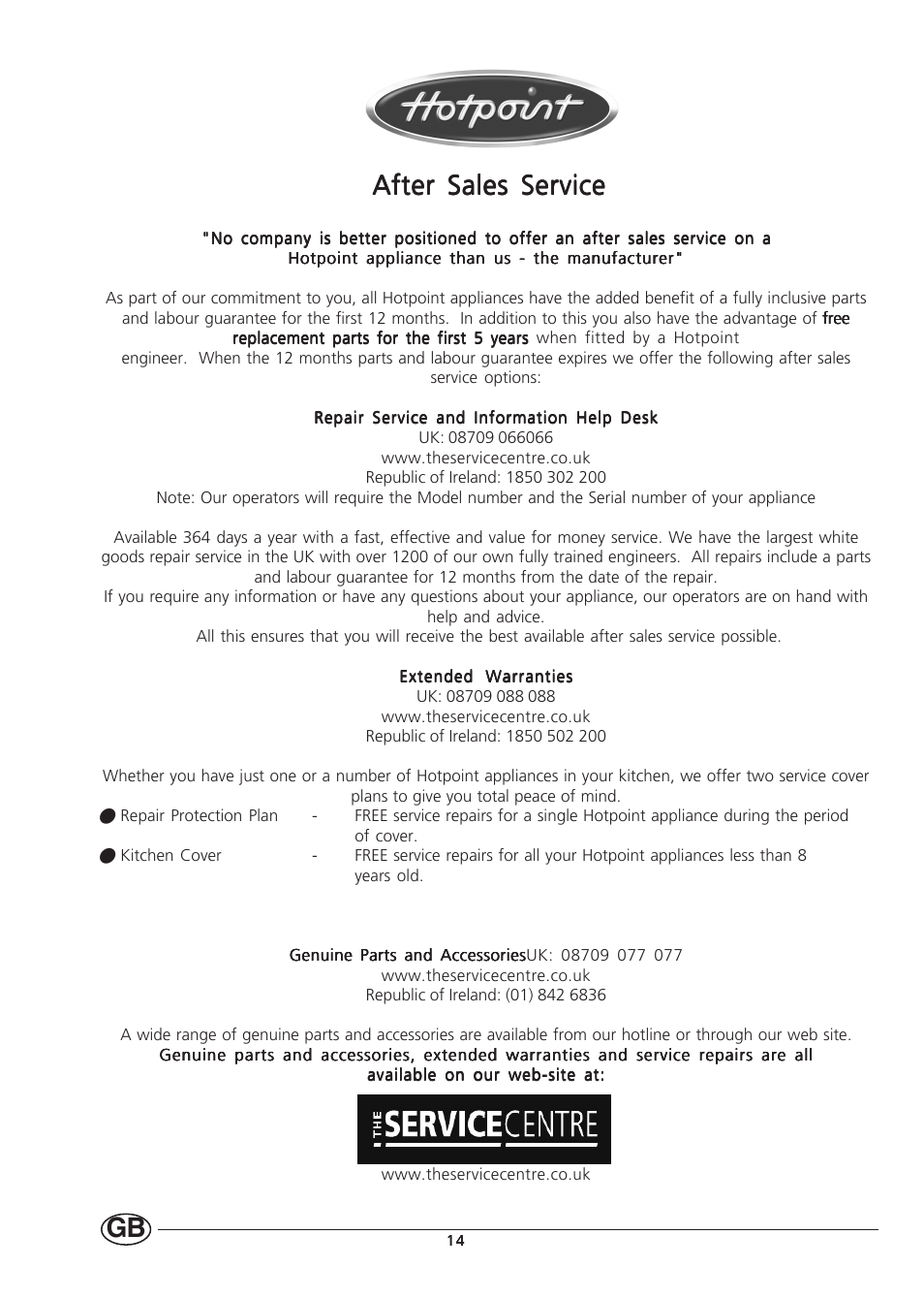 After sales service | Hotpoint HM450 User Manual | Page 14 / 16