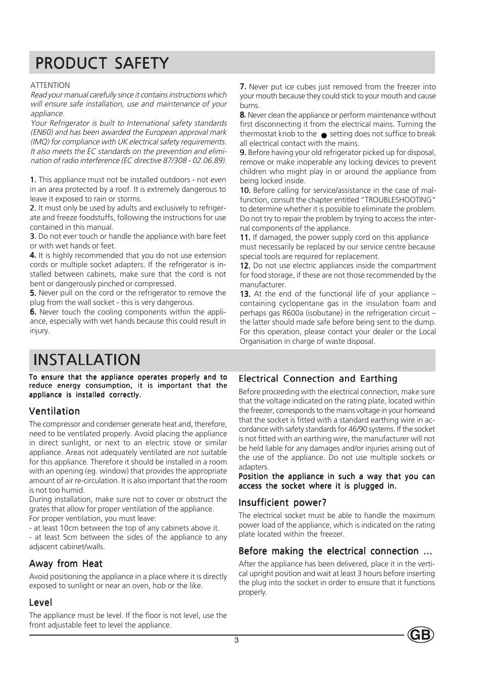 Product safety, Installation | Hotpoint HM450 User Manual | Page 3 / 16