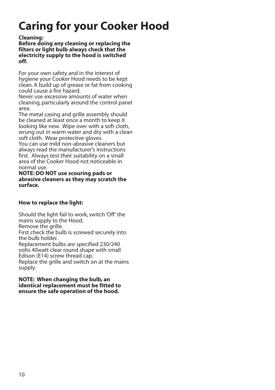 Caring for your cooker hood | Hotpoint HTU30 User Manual | Page 10 / 12