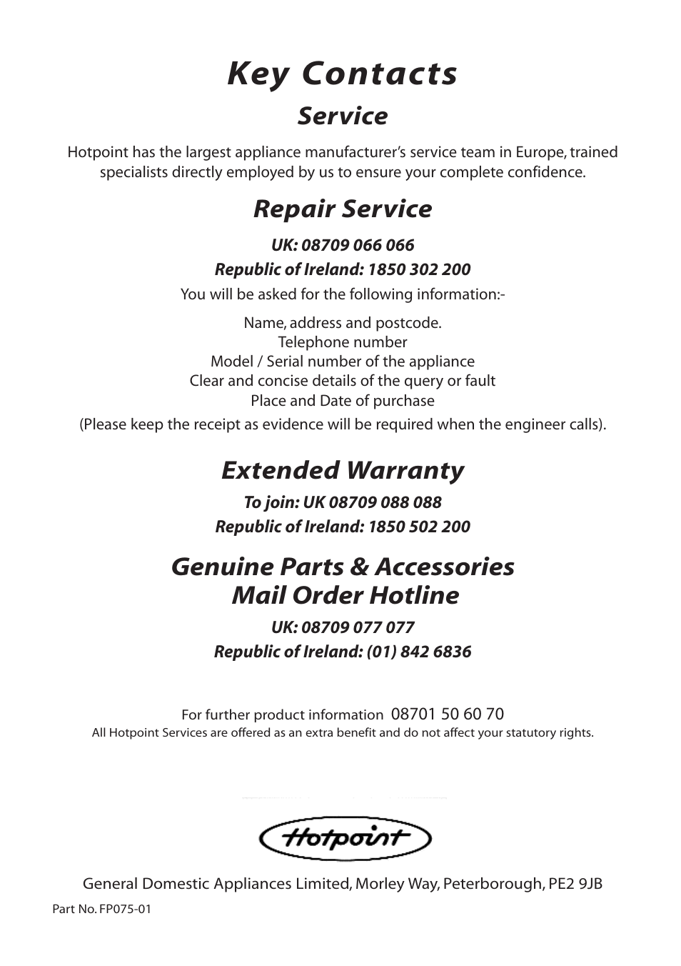 Key contacts, Service, Repair service | Extended warranty, Genuine parts & accessories mail order hotline | Hotpoint HTU30 User Manual | Page 12 / 12