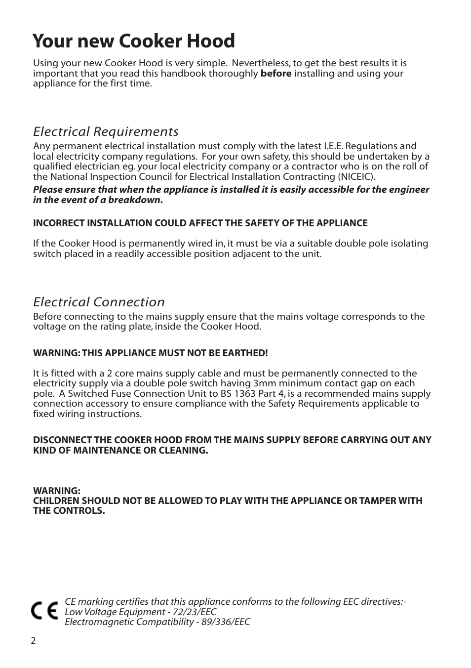 Your new cooker hood, Electrical requirements, Electrical connection | Hotpoint HTU30 User Manual | Page 2 / 12