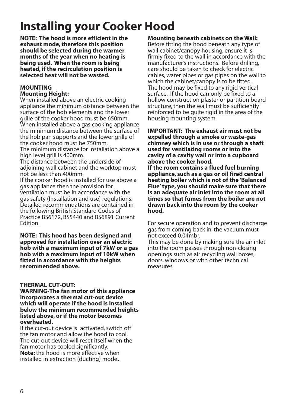 Installing your cooker hood | Hotpoint HTU30 User Manual | Page 6 / 12