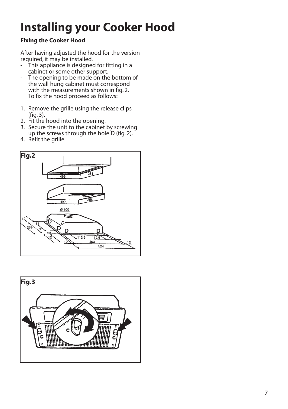 Installing your cooker hood | Hotpoint HTU30 User Manual | Page 7 / 12