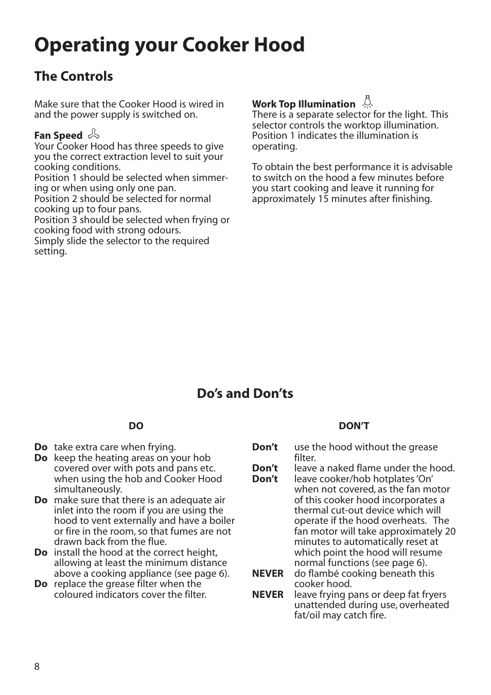 Operating your cooker hood, The controls, Do’s and don’ts | Hotpoint HTU30 User Manual | Page 8 / 12