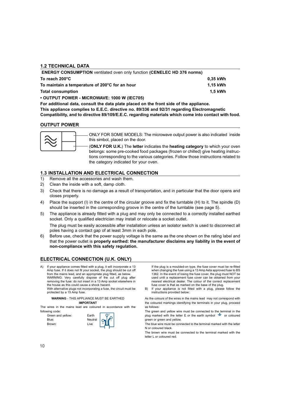 2 technical data, Output power, 3 installation and electrical connection | Electrical connection (u.k. only) | Hotpoint 6685X User Manual | Page 10 / 36
