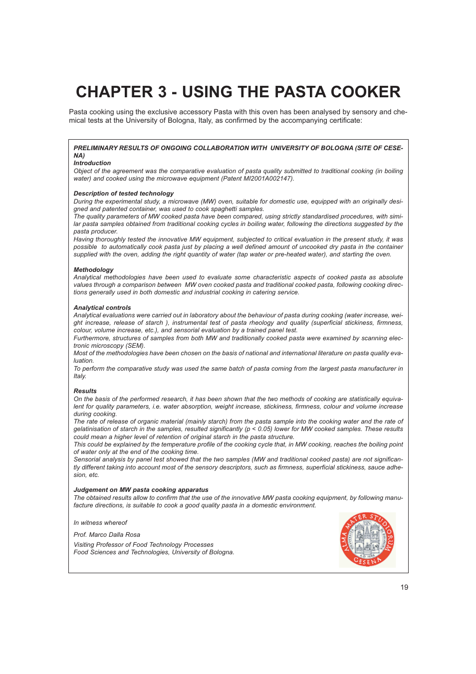 Chapter 3 - using the pasta cooker | Hotpoint 6685X User Manual | Page 19 / 36