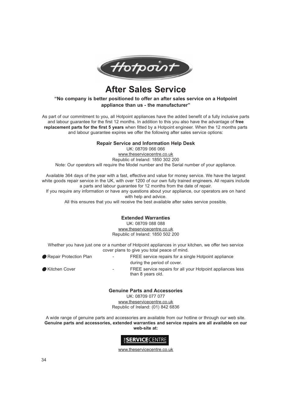 After sales service | Hotpoint 6685X User Manual | Page 34 / 36