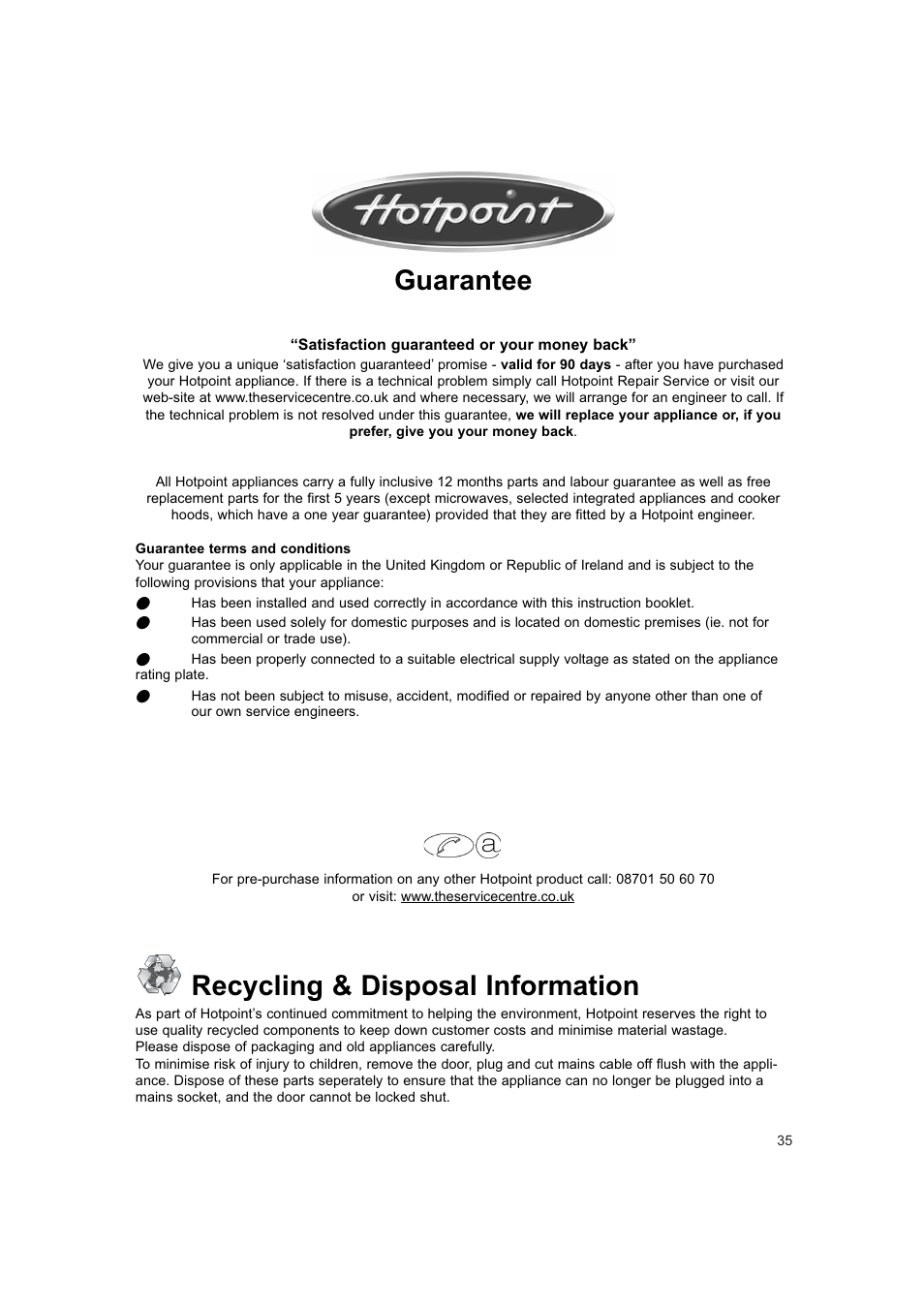 Guarantee, Recycling & disposal information | Hotpoint 6685X User Manual | Page 35 / 36