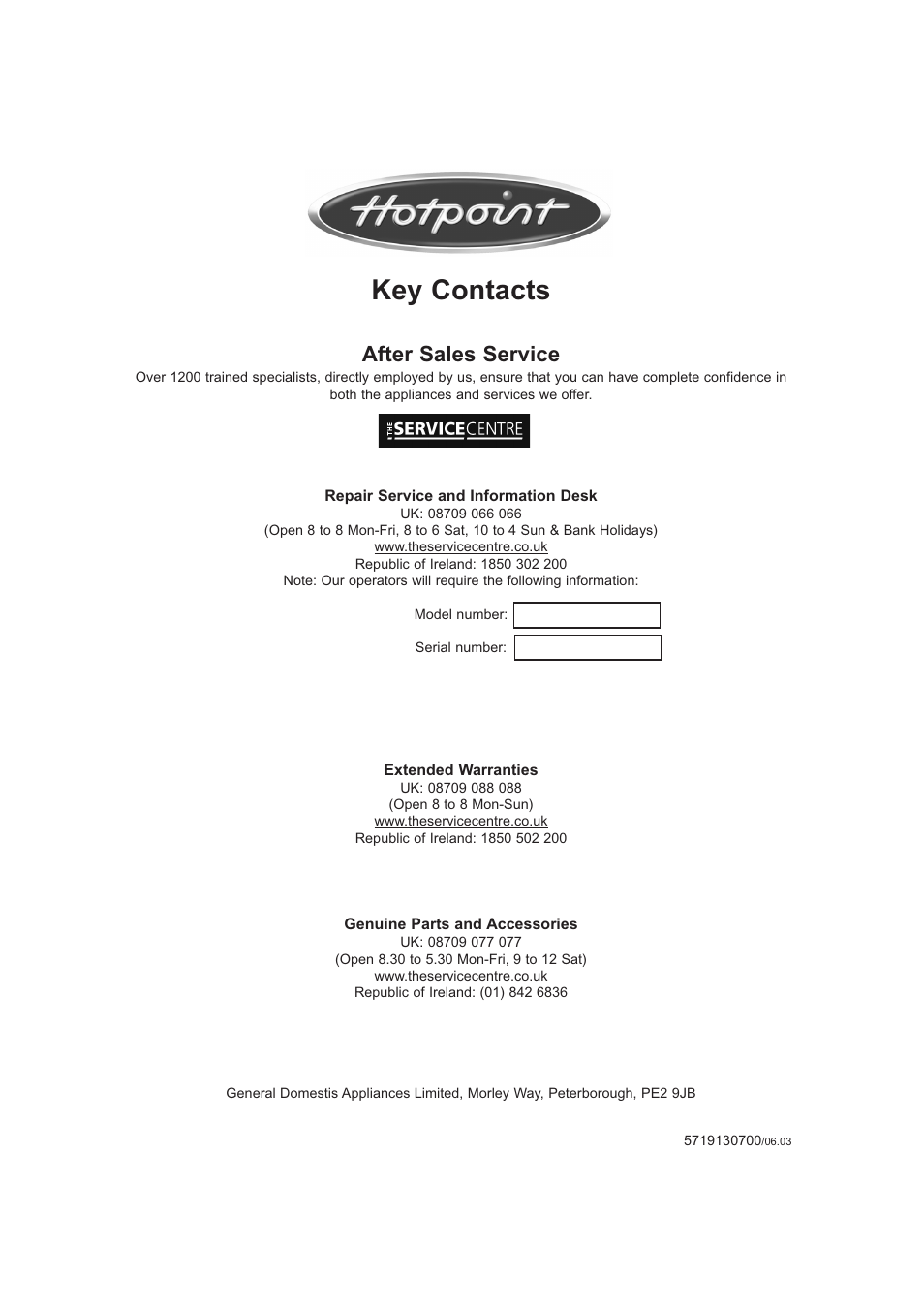 Key contacts, After sales service | Hotpoint 6685X User Manual | Page 36 / 36