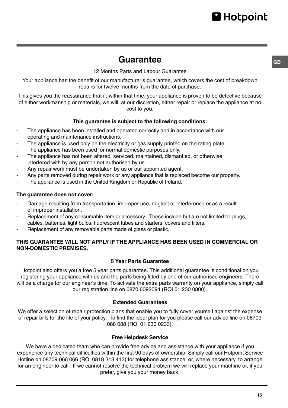 Guarantee | Hotpoint HT303NI User Manual | Page 15 / 16