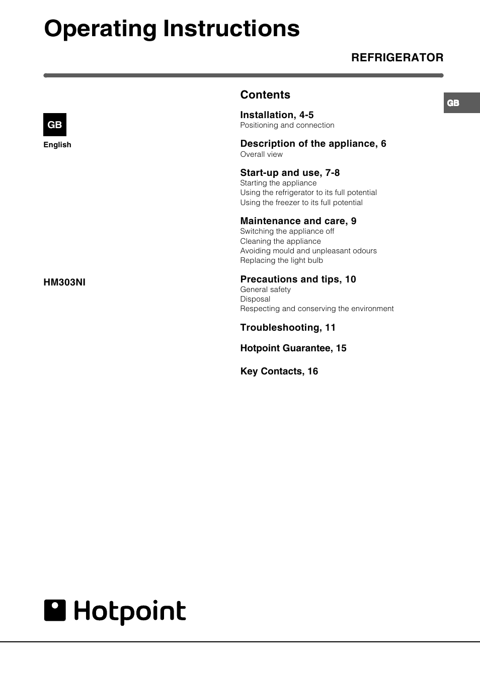 Operating instructions | Hotpoint HT303NI User Manual | Page 3 / 16