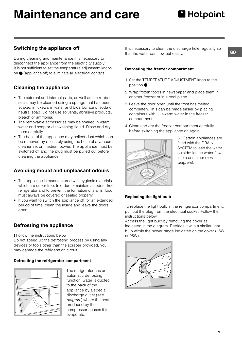 Maintenance and care | Hotpoint HT303NI User Manual | Page 9 / 16