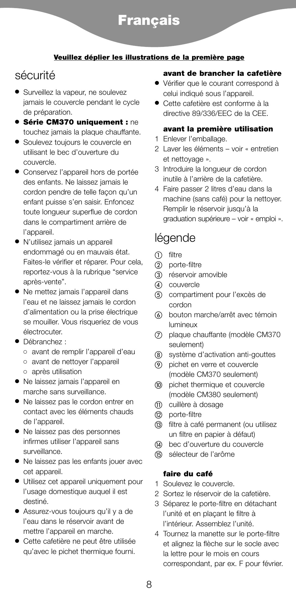 Français, Sécurité, Légende | Kenwood CM370 User Manual | Page 11 / 59