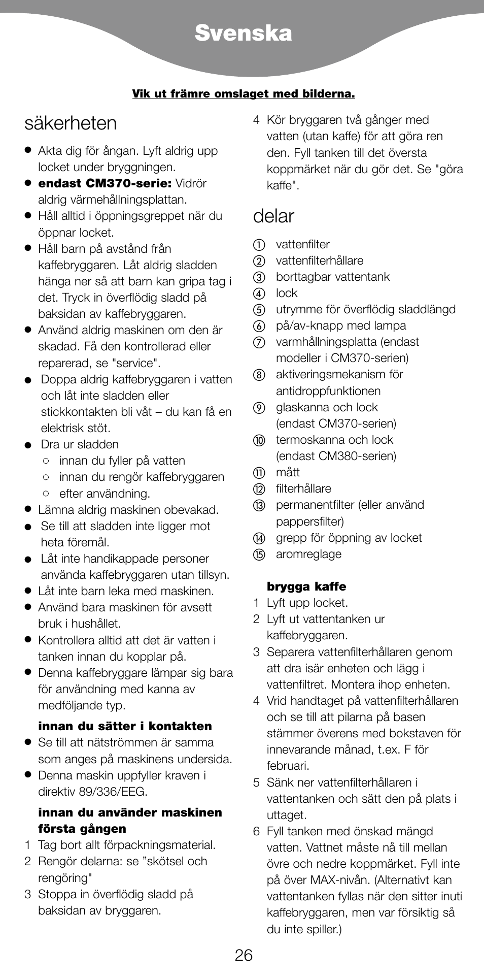 Svenska, Säkerheten, Delar | Kenwood CM370 User Manual | Page 29 / 59