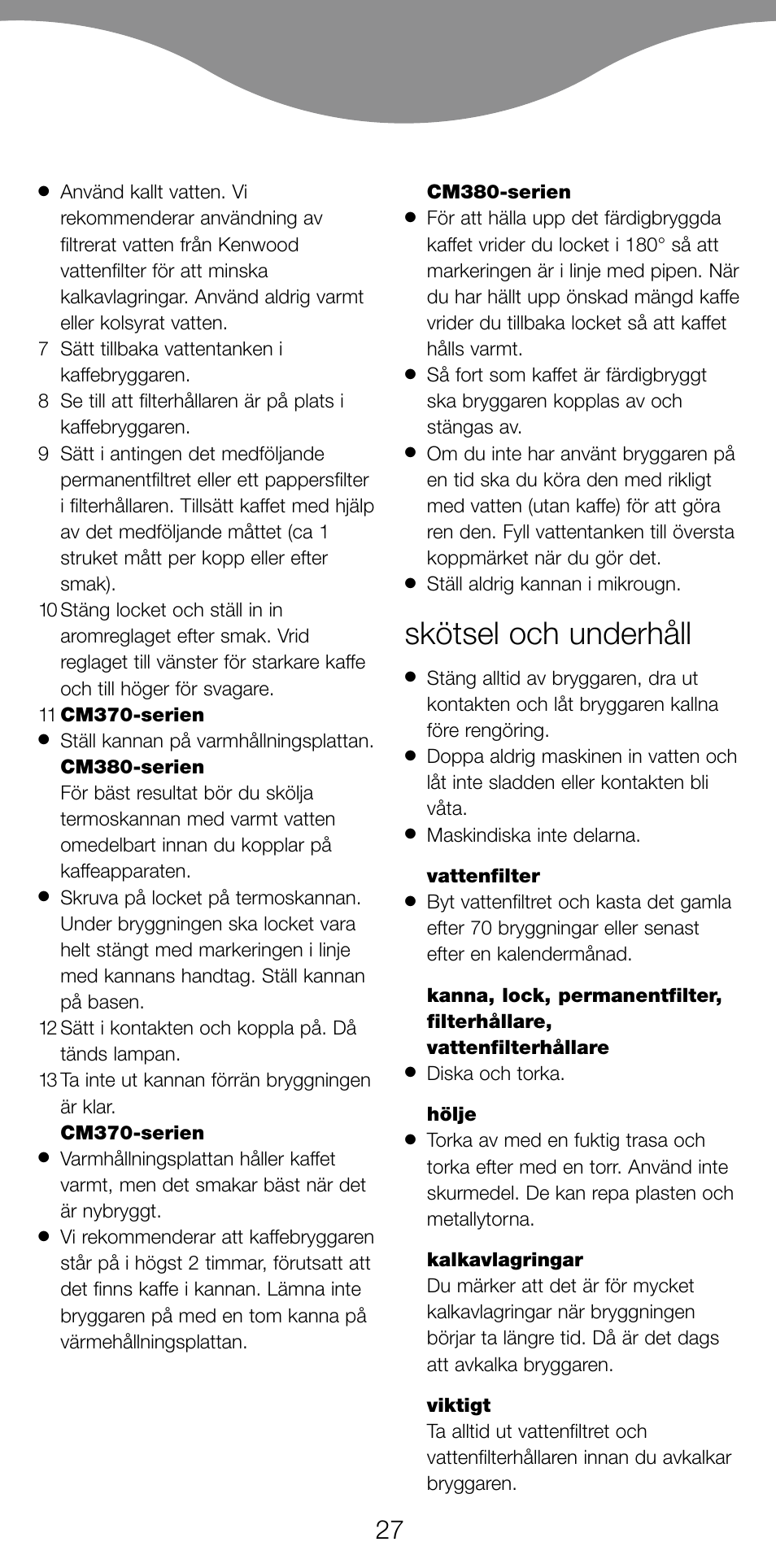 Skötsel och underhåll | Kenwood CM370 User Manual | Page 30 / 59