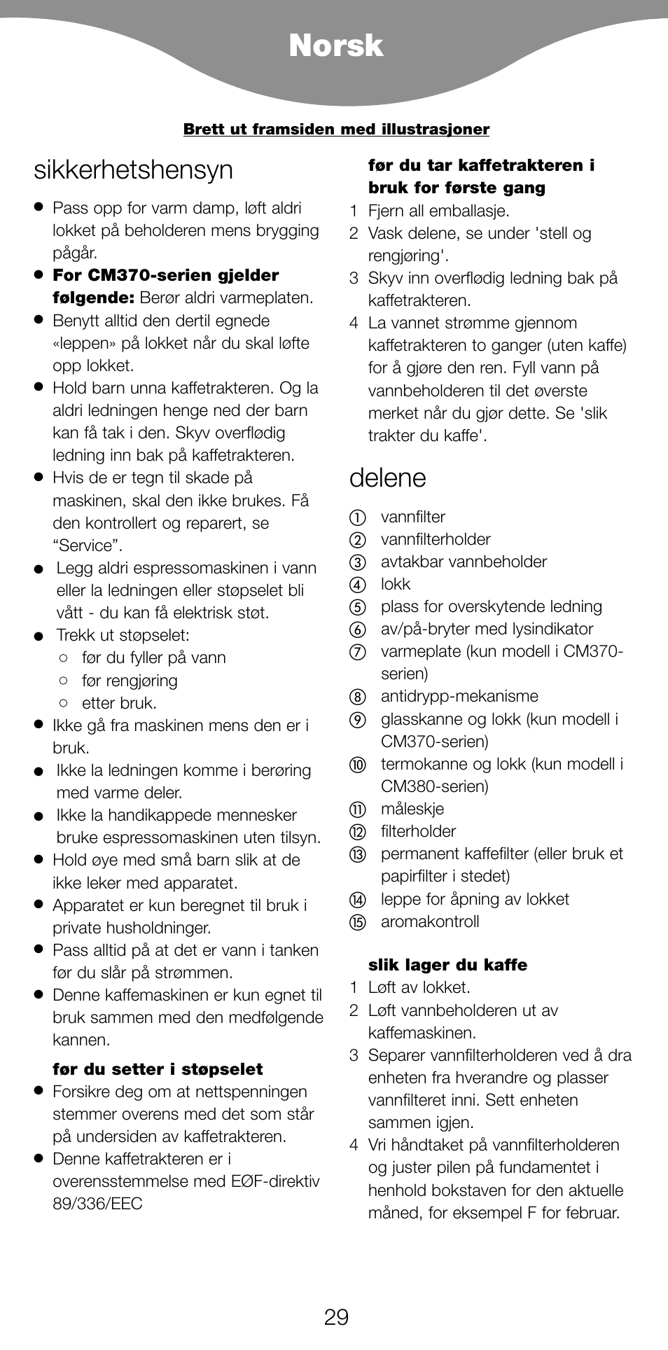 Norsk, Sikkerhetshensyn, Delene | Kenwood CM370 User Manual | Page 32 / 59